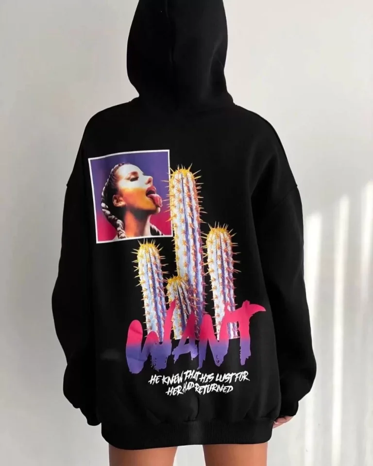 Baskılı Üç İplik Kapüşonlu Oversize Sweatshirt – Siyah