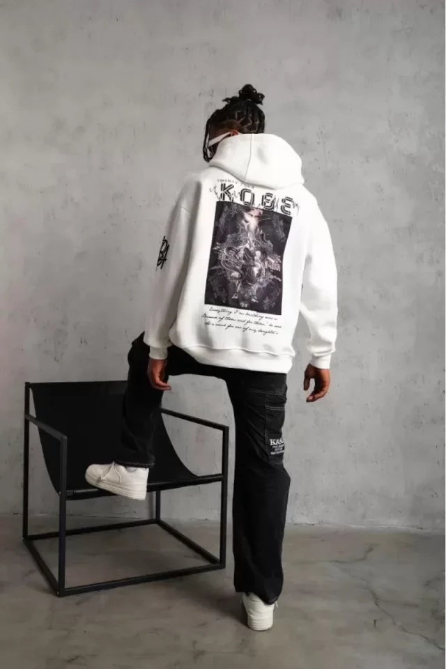 Unisex Sırt Baskılı Kapüşonlu Üç İplik Oversize Sweatshirt – Beyaz