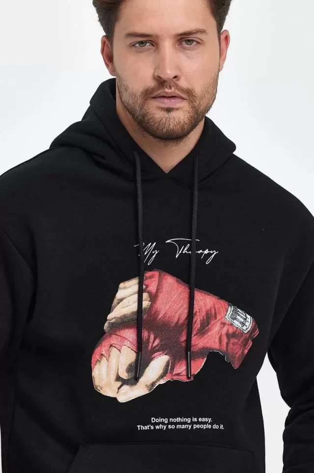 Unisex Kapüşonlu Üç İplik Oversize Baskılı Sweatshirt – Siyah
