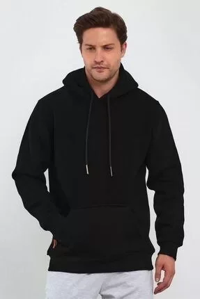 Erkek Uzun Kol Kapşonlu Basic Sweatshirt Hoodie - Siyah - Görsel 2