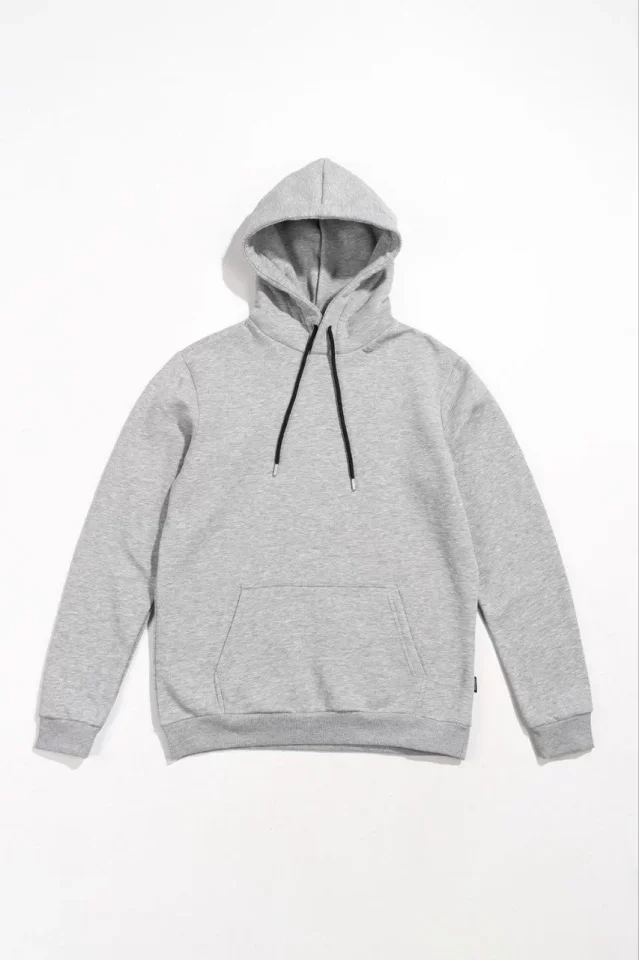 Erkek Uzun Kol Kapşonlu Basic Sweatshirt Hoodie - Gri - Görsel 2