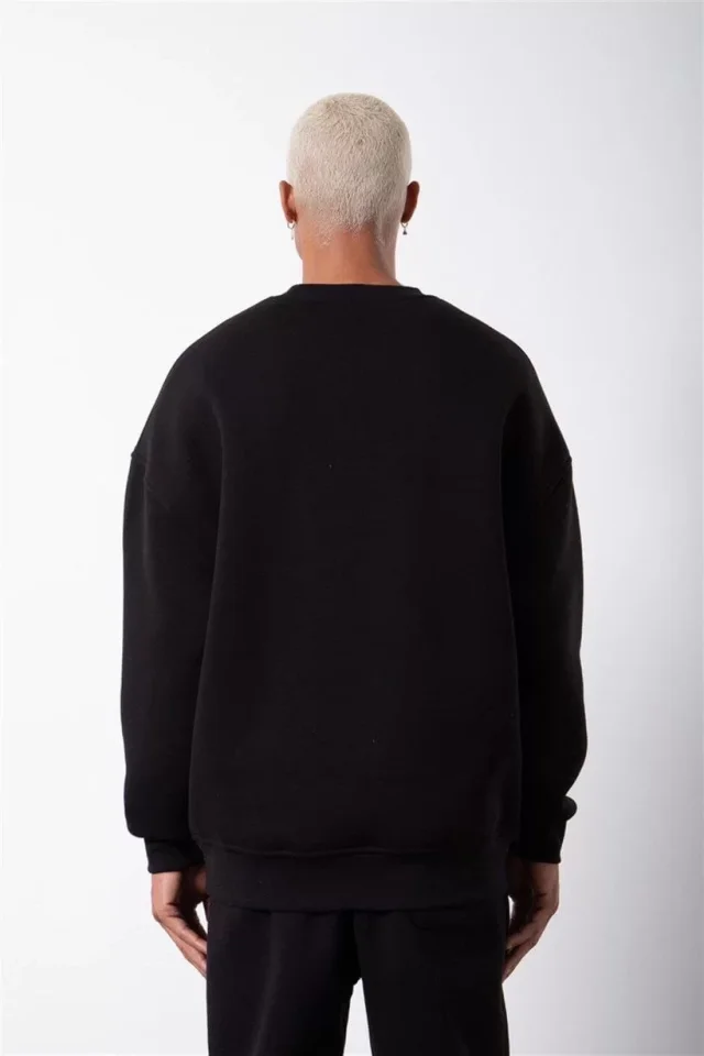 Unisex Biskilet Yaka Üç İplik SweatShirt – Siyah