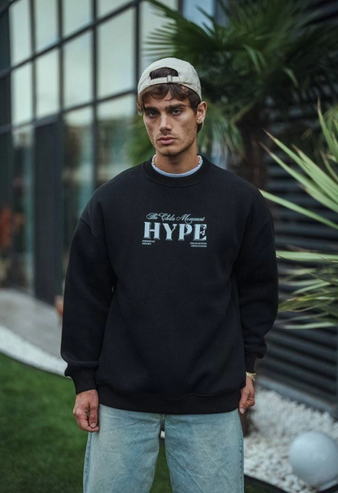 Üç İplik Bisiklet Yaka Baskılı SweatShirt – Siyah