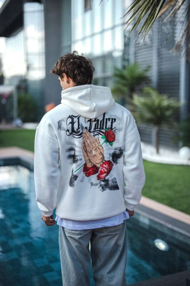 Üç İplik Penye Kapşonlu Baskılı SweatShirt – Beyaz