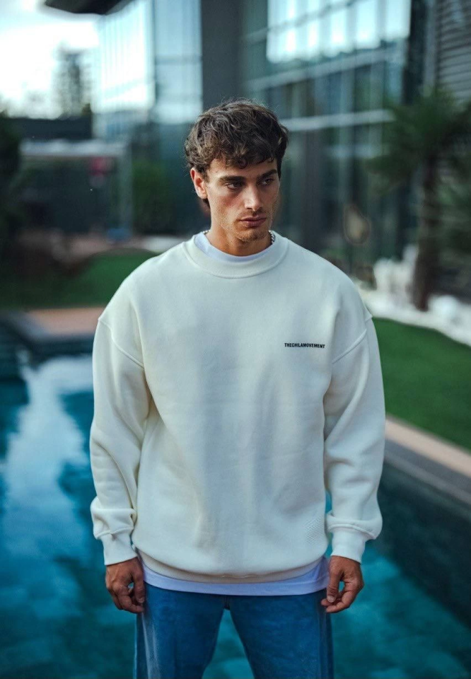 Kışlık Bisiklet Yaka Oversize Baskılı SweatShirt – Beyaz