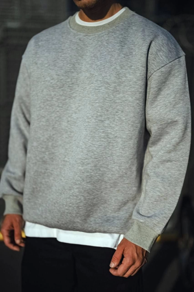 Kışlık Bisiklet Yaka Üç İplik Basic SweatShirt - Gri - Görsel 2
