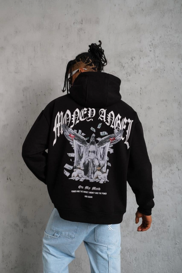 Erkek Kordon İpli Baskılı Kapüşonlu Sweatshirt – Siyah