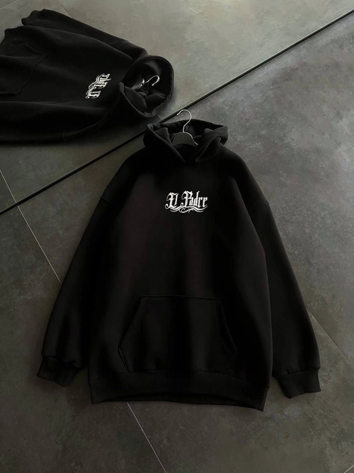 Üç İplik Penye Uzun Kol Kapşonlu Baskılı SweatShirt – Siyah