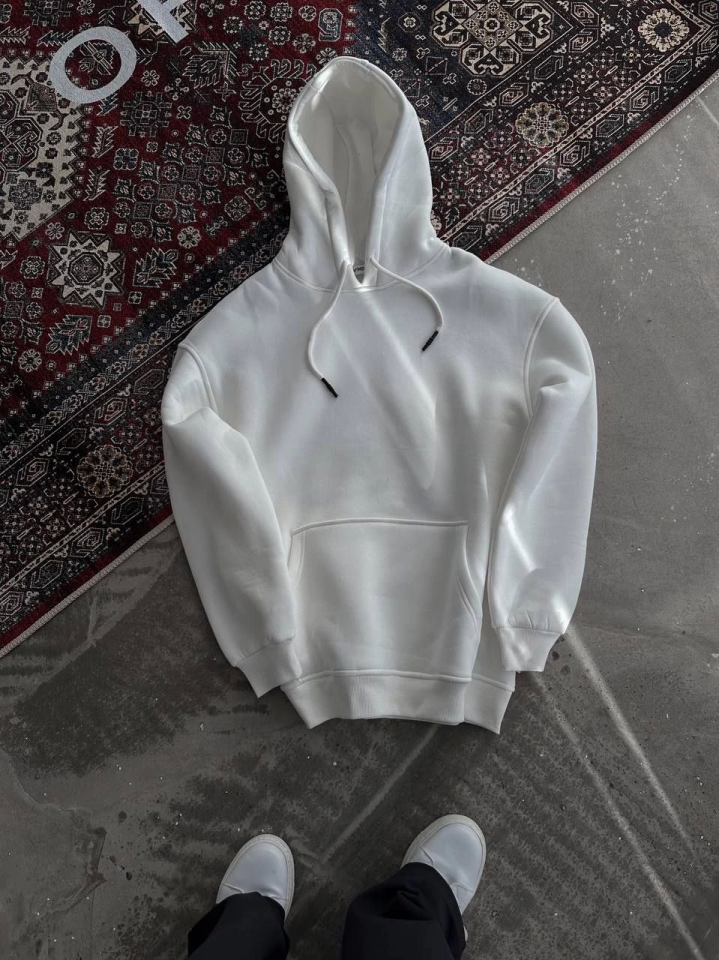 Kapşonlu Üç İplik Penye Basic SweatShirt – Beyaz