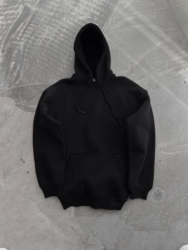 Kapşonlu Üç İplik Penye Basic SweatShirt – Siyah