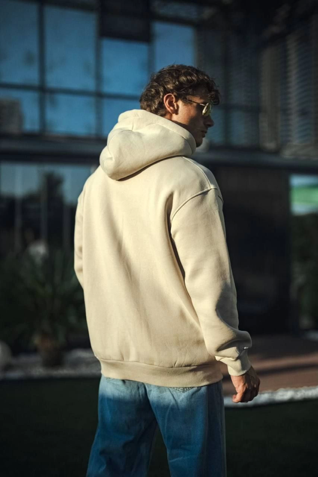Üç İplik Penye Kapşonlu Basic SweatShirt – Bej