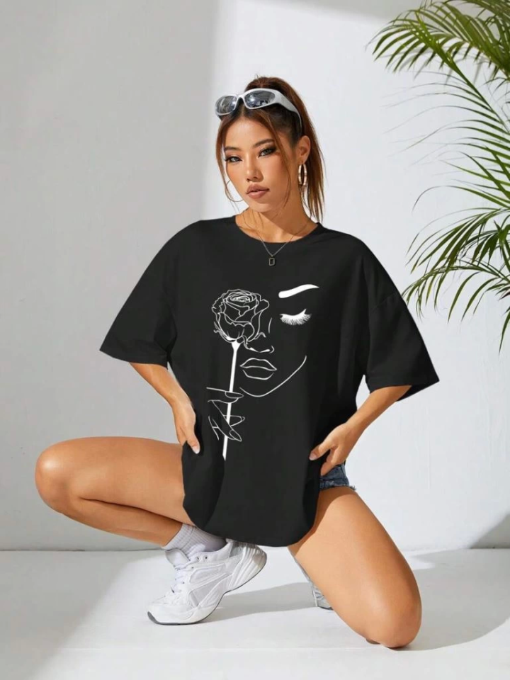 Baskılı Oversize T-shirt – Siyah