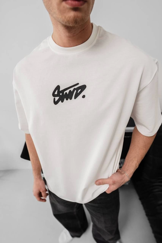 Erkek Baskılı Oversize T-shirt – Beyaz