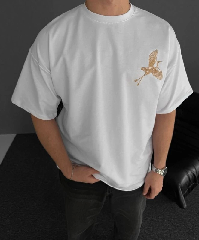 Ön Ve Arka Baskılı Oversize Bisiklet Yaka T-shirt – Beyaz