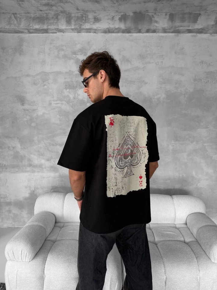 Ön Ve Arka Baskılı Oversize Bisiklet Yaka T-shirt – Siyah