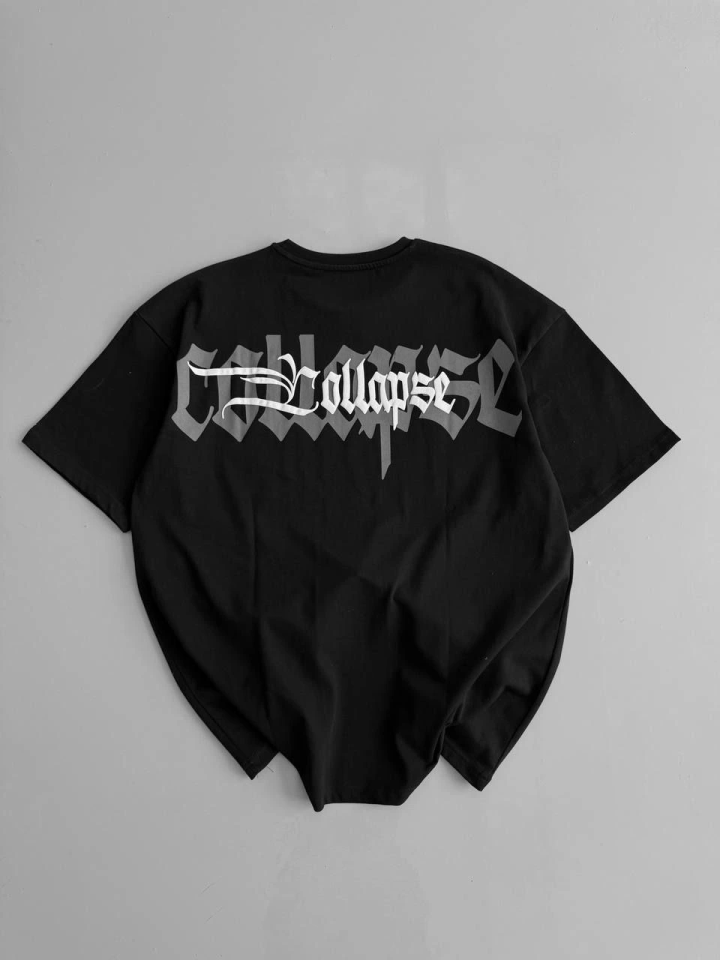 Baskılı Oversize Bisiklet Yaka T-shirt – Siyah