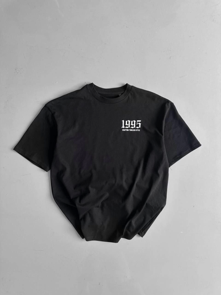 Baskılı Oversize Bisiklet Yaka T-shirt – Siyah