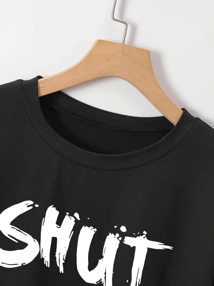 Baskılı Oversize Bisiklet Yaka T-shirt – Siyah