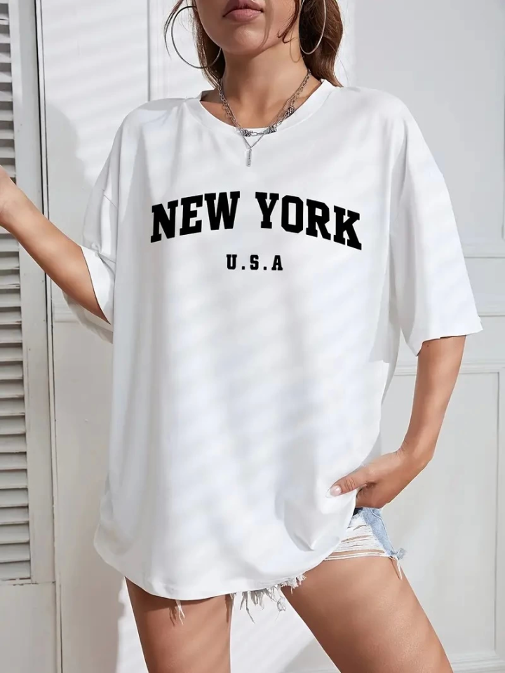 New York Baskılı Oversize Bisiklet Yaka T-shirt - Beyaz - Görsel 2