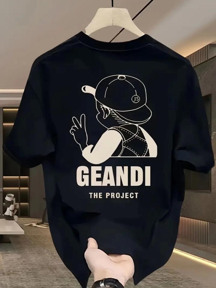 Geniş Kesim Pamuklu Tişört - GANDHI The Project Baskılı, Siyah, Rahat Kesim, Kısa Kollu, Günlük Kıya - Görsel 2