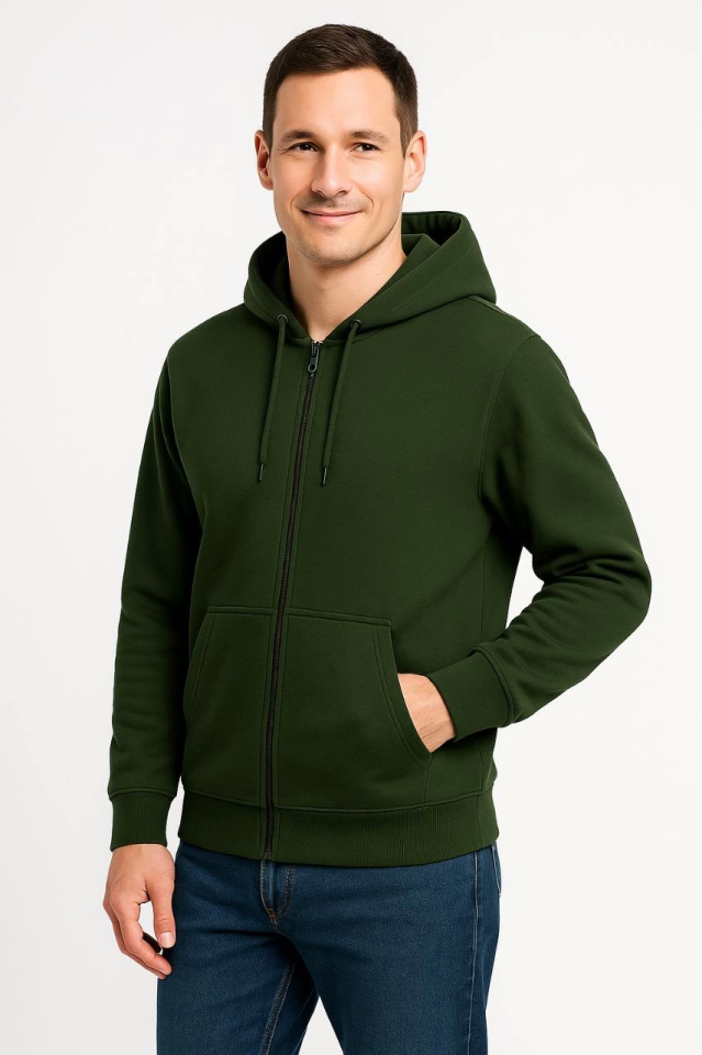 Erkek Üç İplik Kapüşonlu Tam Fermuarlı Kanguru Çepli SweatShirt Hoodie - Haki - Görsel 2