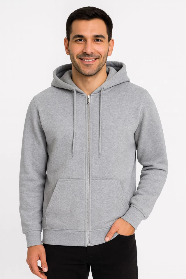 Erkek Üç İplik Kapüşonlu Tam Fermuarlı Kanguru Çepli SweatShirt Hoodie - Gri - Görsel 2