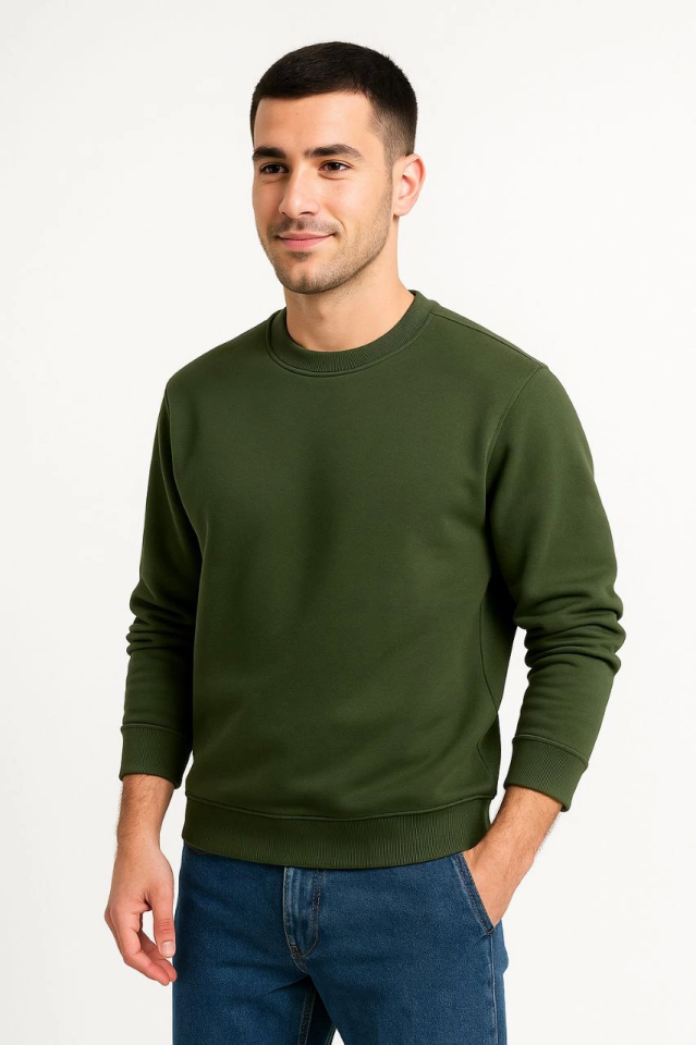 Erkek Üç İplik Düz Bisiklet Yaka SweatShirt - Haki - Görsel 2