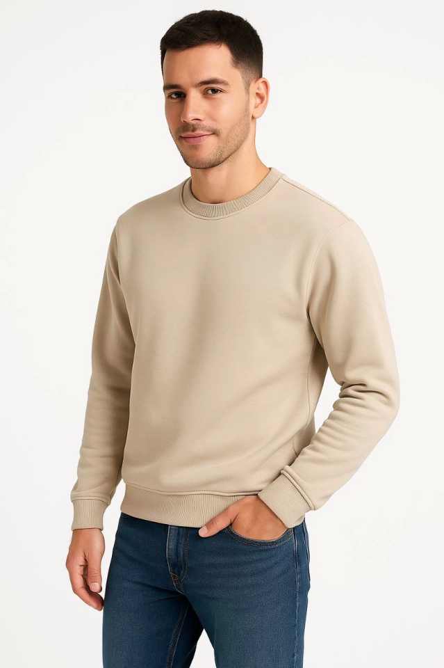 Erkek Üç İplik Düz Bisiklet Yaka SweatShirt - Bej - Görsel 2