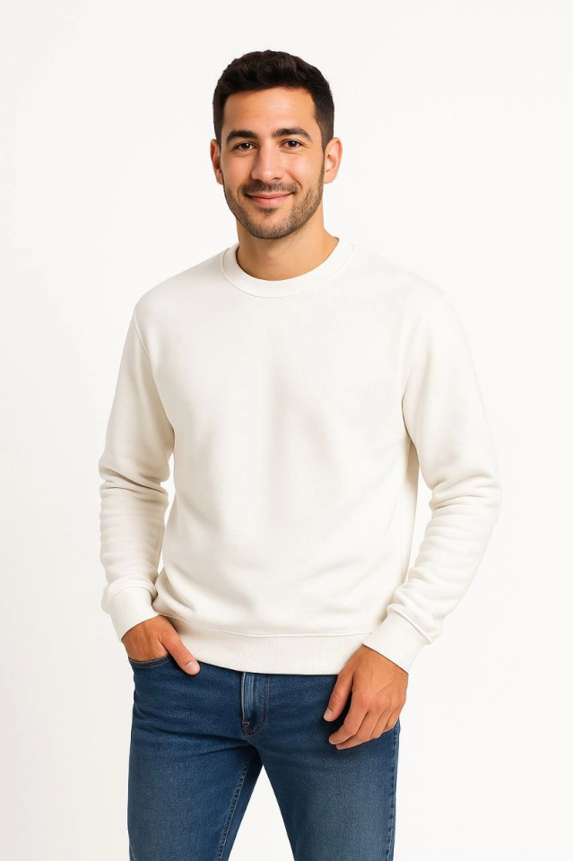 Erkek Üç İplik Düz Bisiklet Yaka SweatShirt - Beyaz - Görsel 2