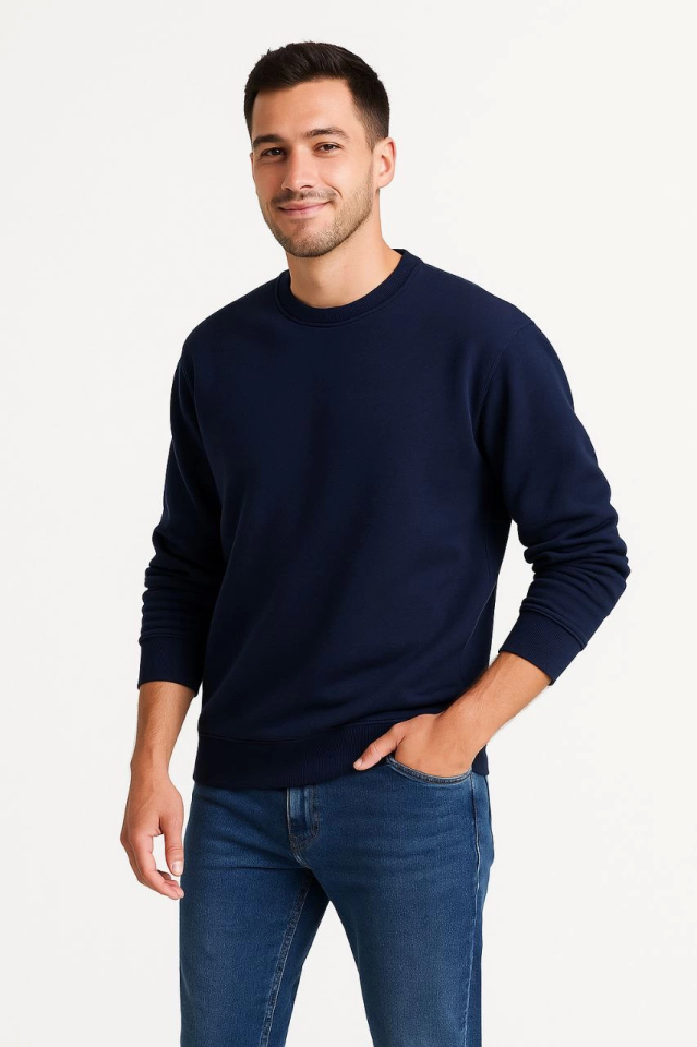 Erkek Üç İplik Düz Bisiklet Yaka SweatShirt - Lacivert - Görsel 2