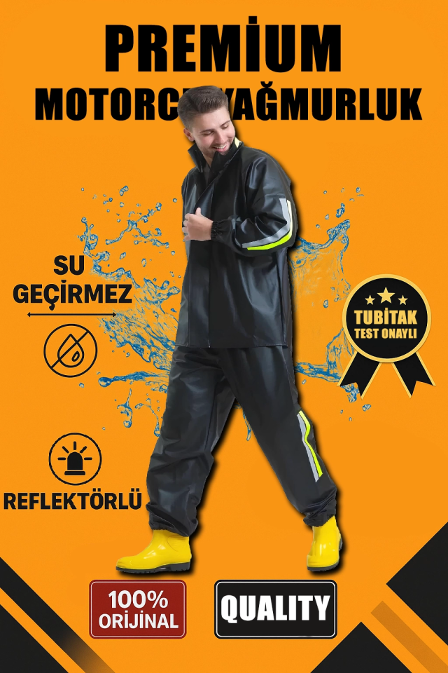 Premium Motorcu Kurye Yağmurluk Takım Su Geçirmez PVC Kumaş Reflektörlü TÜBİTAK Onaylı - Siyah - Görsel 2