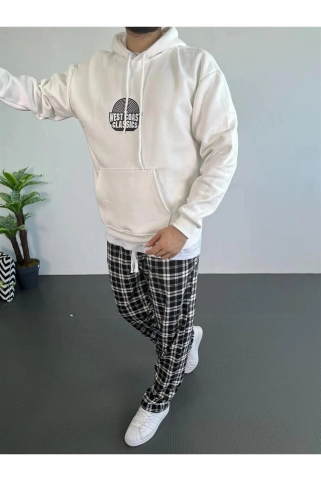 Erkek Oversize Üç İplik Kapüşonlu Sweatshirt – Beyaz Ön Baskılı, Kanguru Cepli, Rahat Kalıp, İçi Pam - Görsel 2