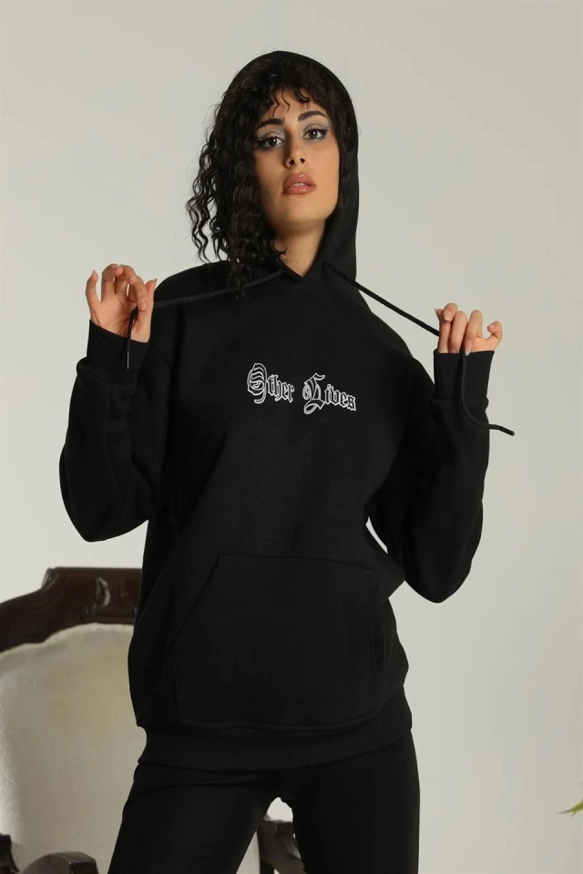 Oversize Üç İplik Kapüşonlu Sweatshirt – Siyah “Other Lives” Ön Ve Arka Baskılı, Şardonlu Kışlık, Ra - Görsel 2