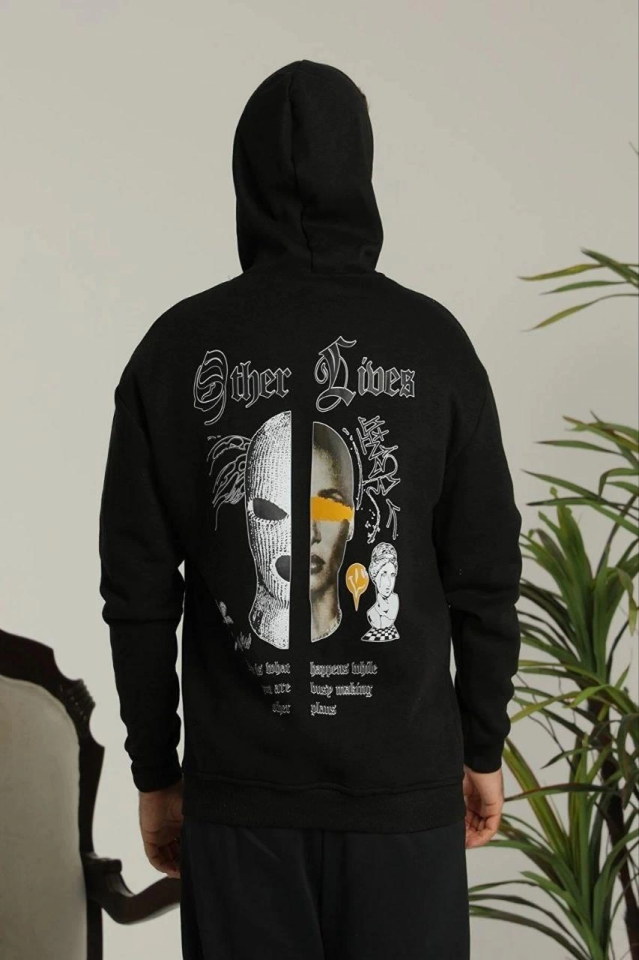 Erkek Kapşonlu Sweatshirt – Oversize Üç İplik Şardonlu Hoodie, “Other Lives” Ön - Arka Baskılı, Kang - Görsel 2