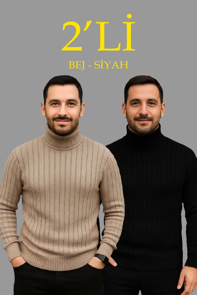 Erkek Fitilli Triko Kazak 2li Set Bej Siyah Regular Balıkcı Yaka Tam Boğazlı Triko Seti Modeli Kazak - Görsel 2