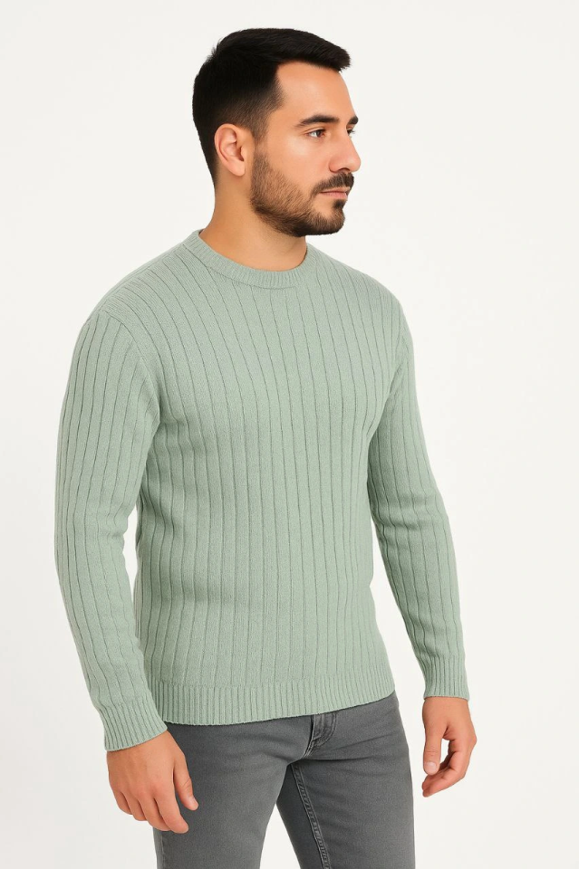 Erkek Bisiklet Yuvarlak Yaka Triko Kazak Pamuklu Kalın Fitilli Dokuma, Regular Fit Uzun Kollu Kışlık Model – Mint Yeşili