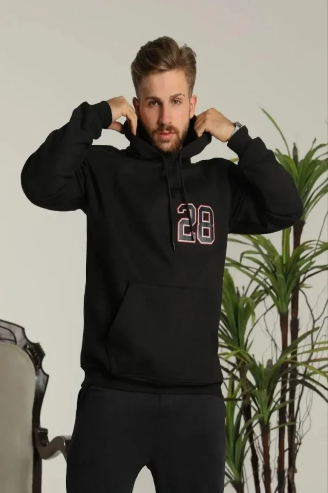 Erkek Oversize Üç İplik Kapüşonlu Sweatshirt –Sırt Ve Ön Baskılı, Kanguru Cepli, Rahat Kalıp Maskot - Görsel 2