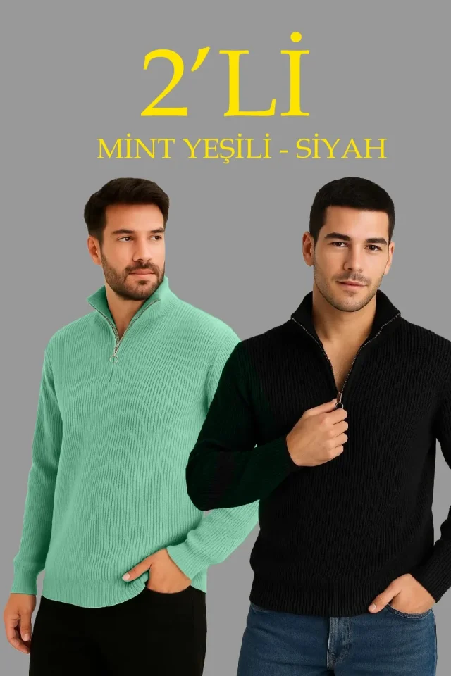 Erkek Fitilli Triko Kazak 2’li Set – Mint Yeşili – Siyah, Kalın Dokuma Pamuklu Regular Fit V Yaka Fermuarlı Uzun Kollu Rahat Kışlık Kazak Kombini