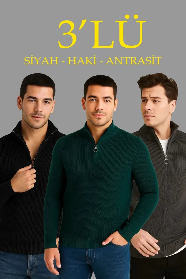 Erkek Fitilli Triko Kazak 3’lü Set – Haki, Siyah, Antrasit Kalın Dokuma Pamuklu Regular Fit V Yaka F - Görsel 2