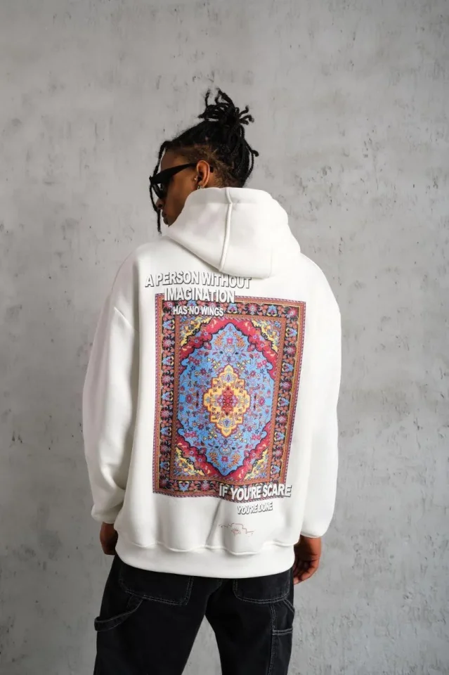 Erkek Kilim Desen Kapüşonlu Sweat- Beyaz - Görsel 2