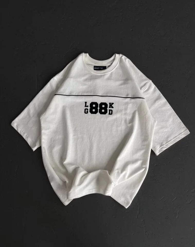 Unisex Bisiklet Yaka Baskılı Oversize T-Shirt – Beyaz
