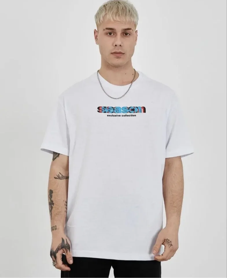 Unisex Bisiklet Yaka Baskılı Oversize T-Shirt – Beyaz