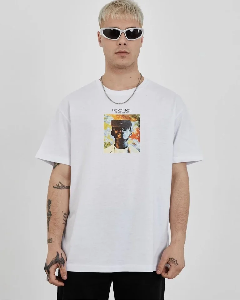 Unisex Bisiklet Yaka Baskılı Oversize T-Shirt – Beyaz