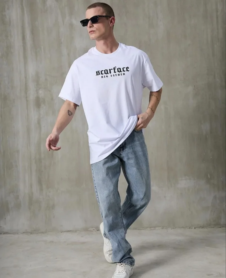 Unisex Bisiklet Yaka Baskılı Oversize T-Shirt – Beyaz