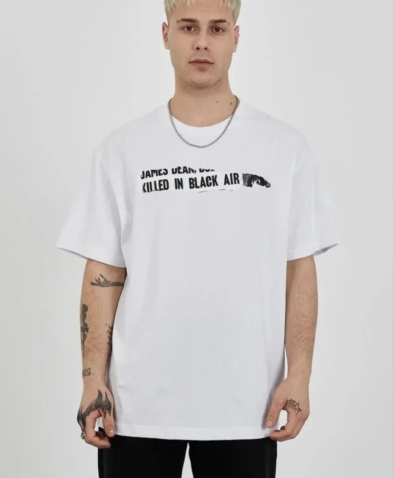 Unisex Bisiklet Yaka Baskılı Oversize T-Shirt – Beyaz