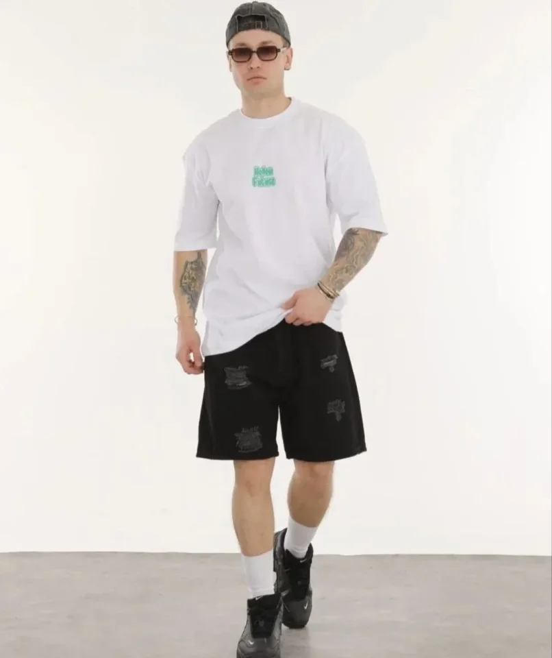 Unisex Bisiklet Yaka Baskılı Oversize T-Shirt – Beyaz