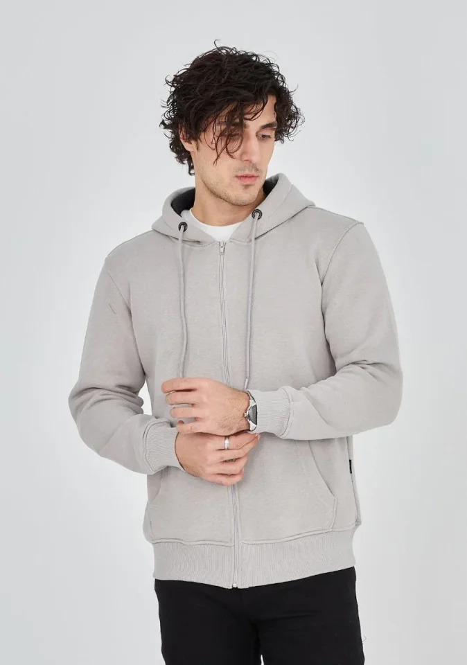 Unisex Tam Fermuarlı Kapşonlu SweatShirt - Boyalı Gri - Görsel 2