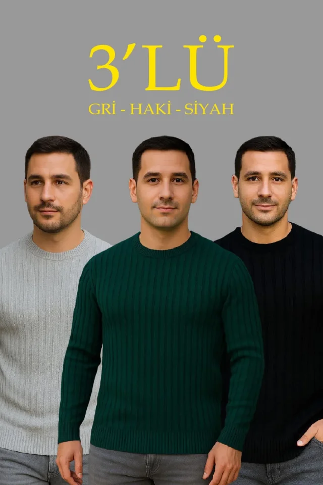 Erkek Fitilli Triko Kazak 3lü Set Gri Haki Siyah Regular Fit Bisiklet Yaka Triko Seti Modeli Kazak - Görsel 2