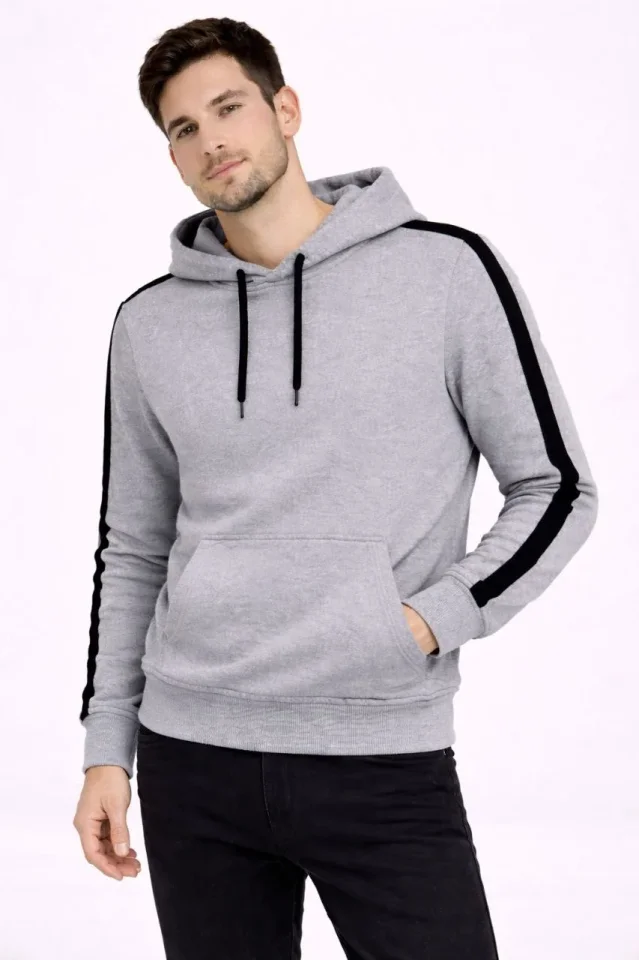 Erkek Şeritli Kapüşonlu Sweatshirt Oversize 3 Iplik Pamuklu - Gri - Görsel 2