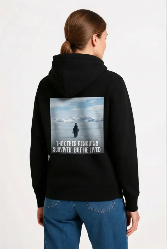 Oversize Hoodie - Sırt Baskılı Survivor Penguin Temalı, Felsefi Yazılı Kapüşonlu Sweatshirt - Siyah - Görsel 2